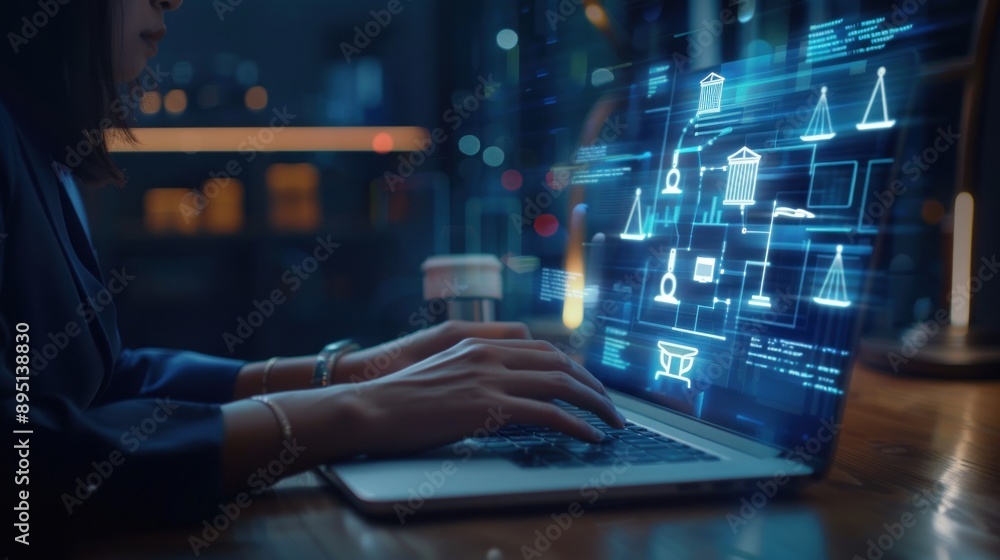 Woman typing on laptop keyboard with virtual screen Woman typing on laptop keyboard with virtual screen