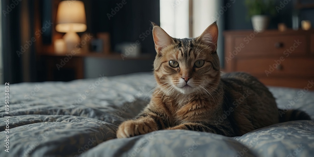 beautiful cute cat licking his paw on stylish bed with funny emotions on background of room. beautiful cute cat licking his paw on stylish bed with funny emotions on background of room.