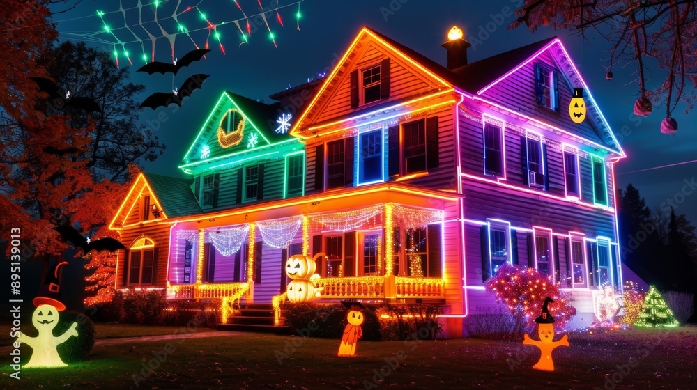 House covered in Halloween lights, with witches, bats, and spiderwebs hanging from the eaves, vibrant and festive House covered in Halloween lights, with witches, bats, and spiderwebs hanging from the eaves, vibrant and festive