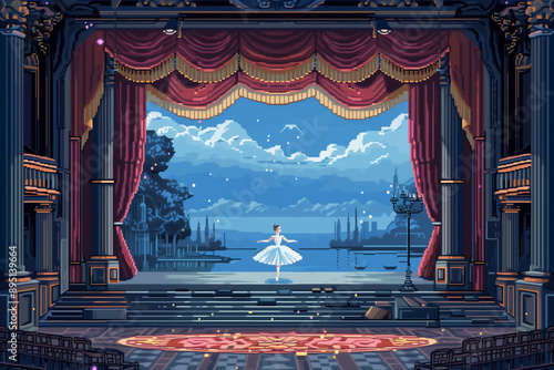 A ballerina in a white tutu dancing on stage with lake scenery in the background. Pixel art 8-bit computer game fantasy illustration.