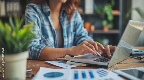 Young businesswoman calculating company finances at office desk