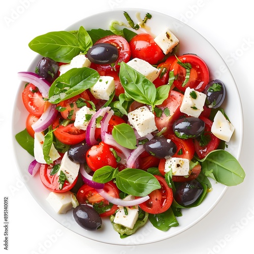 Top view of fresh salad with tomatoes, mozzarella, olives, red onion and basil leaves photo