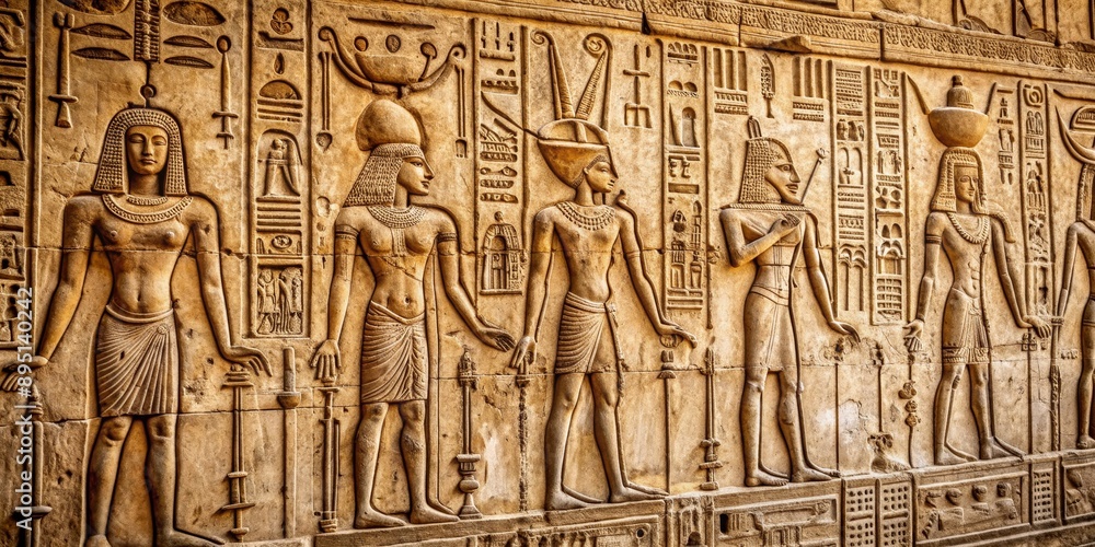 Ancient Egyptian Temple Relief with Figures and Hieroglyphs, Egyptian ...