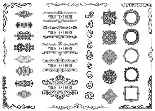 Ornate frames and scroll elements. Classic calligraphy swirls, swashes, ethnic motifs for greeting cards, wedding invitations, restaurant menu, royal certificates and graphic design