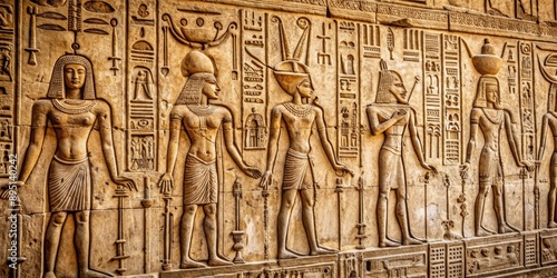 Ancient Egyptian Temple Relief with Figures and Hieroglyphs, Egyptian Art , Hieroglyphs , Relief Sculpture , Temple Art