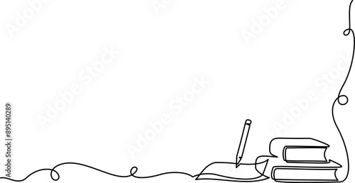 Paper list with pen and books. Continuous one line drawing.