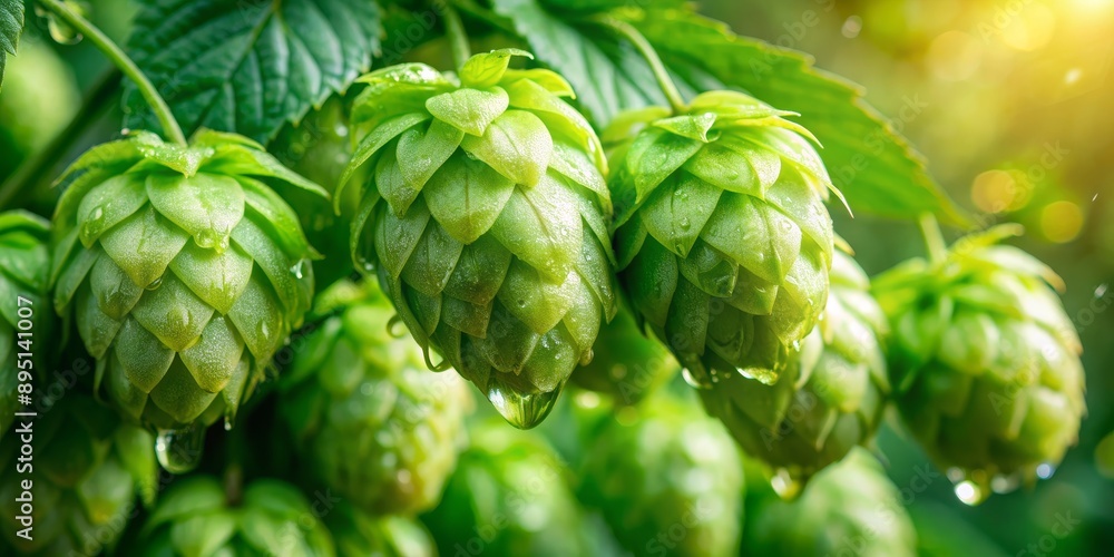 Close-up of Dewy Green Hop Cones, Green , Nature , Fresh , Botanical Close-up of Dewy Green Hop Cones, Green , Nature , Fresh , Botanical