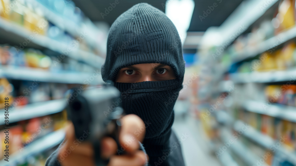 Obraz premium Robbery in a convenience store, masked robber threatening cashier, dramatic and tense moment 