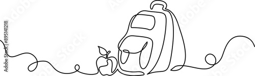 Back to school decoration. Continuous one line drawing of apple and backpack