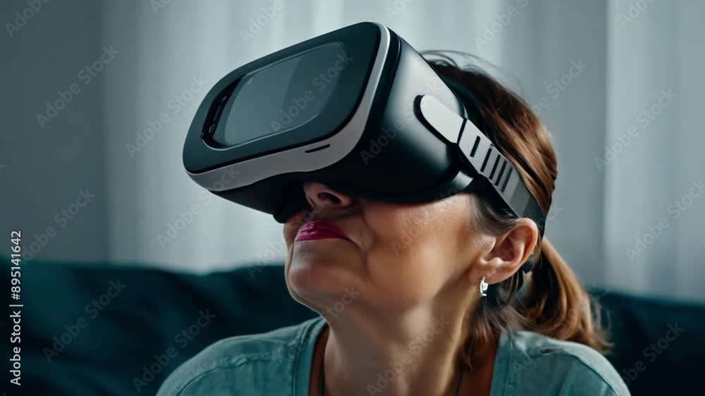 A woman wearing a VR headset sits on a couch, smiling and experiencing virtual reality. A woman wearing a VR headset sits on a couch, smiling and experiencing virtual reality.