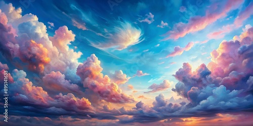 Dreamy Sunset Sky with Fluffy Clouds, digital painting, fantasy art, cloud scape, sunset , sky , clouds