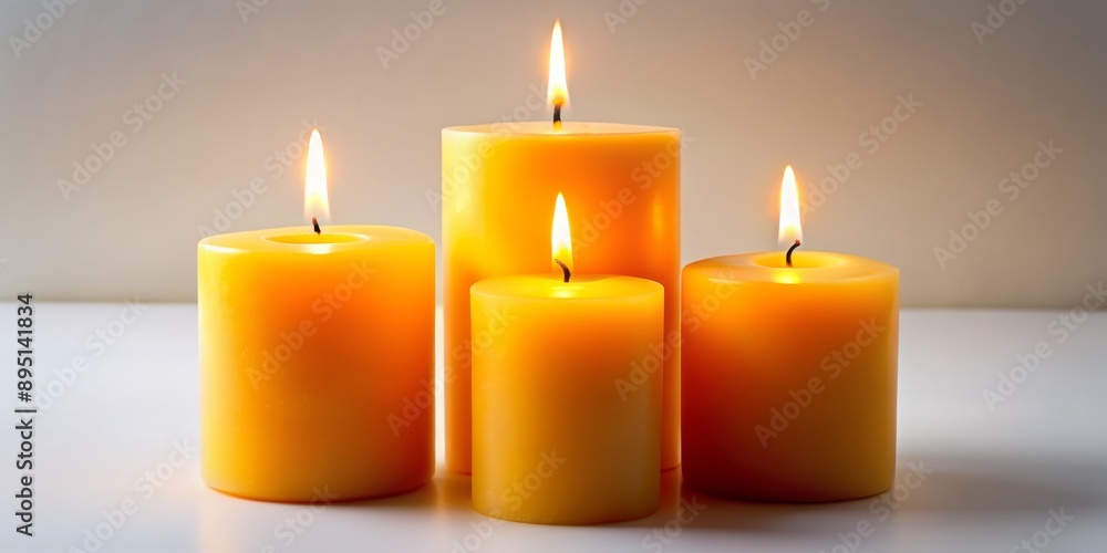 Four Burning Yellow Candles on a White Surface, Candlelight, Yellow, White, Burning Candle Four Burning Yellow Candles on a White Surface, Candlelight, Yellow, White, Burning Candle
