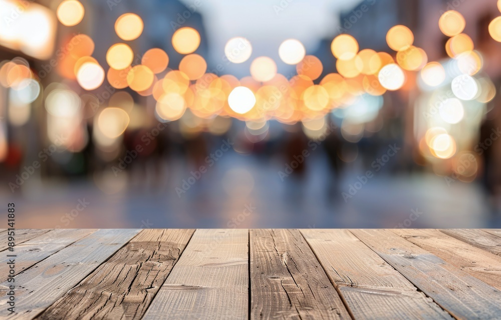 Wooden Tabletop With City Lights Bokeh Wooden Tabletop With City Lights Bokeh