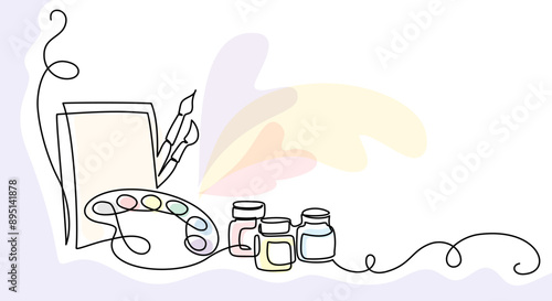 Brushes, painting palette, paints and canvas. Continuous one line drawing
