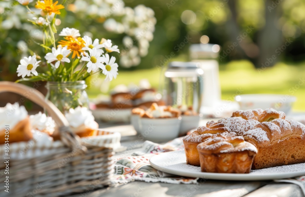 Outdoor Table Setting With Flowers and Muffins Outdoor Table Setting With Flowers and Muffins