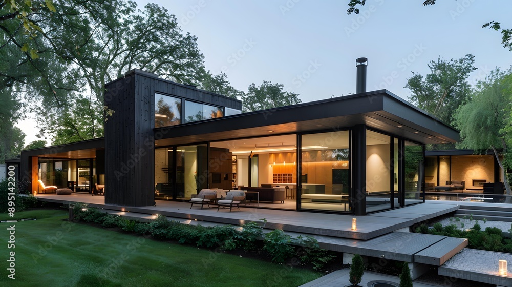 Fototapeta premium Modern Black House With Large Windows and Deck