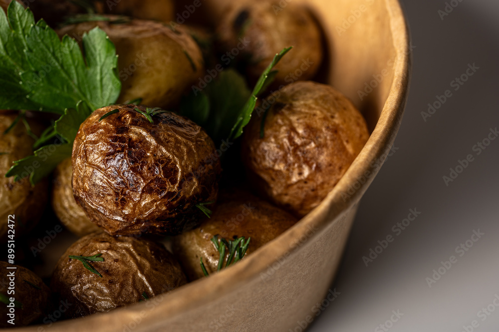 fried new potatoes cooked with golden skin, fast food delivery in kraft paper packaging on a light background, place for inscription, fast food fried new potatoes cooked with golden skin, fast food delivery in kraft paper packaging on a light background, place for inscription, fast food