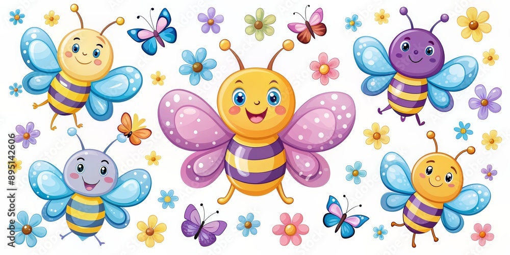 Happy Bee Butterflies in a Garden, bee , butterfly, flowers, cartoon , cute Happy Bee Butterflies in a Garden, bee , butterfly, flowers, cartoon , cute