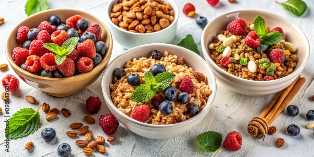 Healthy Breakfast with Granola, Berries, and Almonds, overhead, white background, breakfast, healthy eating Healthy Breakfast with Granola, Berries, and Almonds, overhead, white background, breakfast, healthy eating