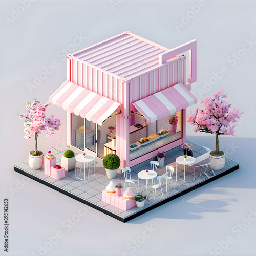 Isometric view minimal Ice cream cafe restaurant container store exterior architecture, 3d rendering digital art