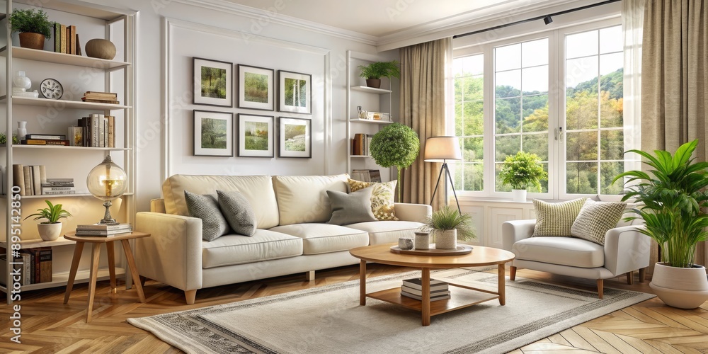 Living Room with White Sofa and Large Window, 3D Rendering, Interior Design, Modern Living Room, White Sofa, Green Plants, Large Window Living Room with White Sofa and Large Window, 3D Rendering, Interior Design, Modern Living Room, White Sofa, Green Plants, Large Window