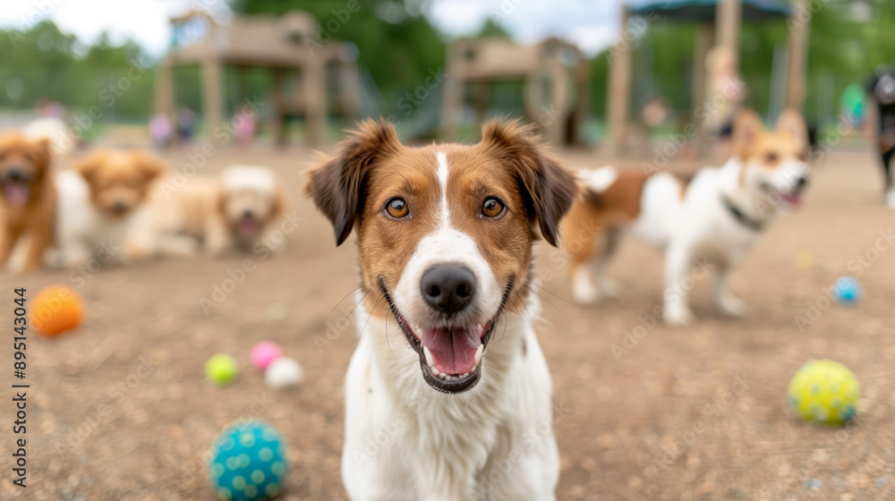 Wide-angle shot of a dog park with various dog toys scattered around, dogs playing in the background Wide-angle shot of a dog park with various dog toys scattered around, dogs playing in the background