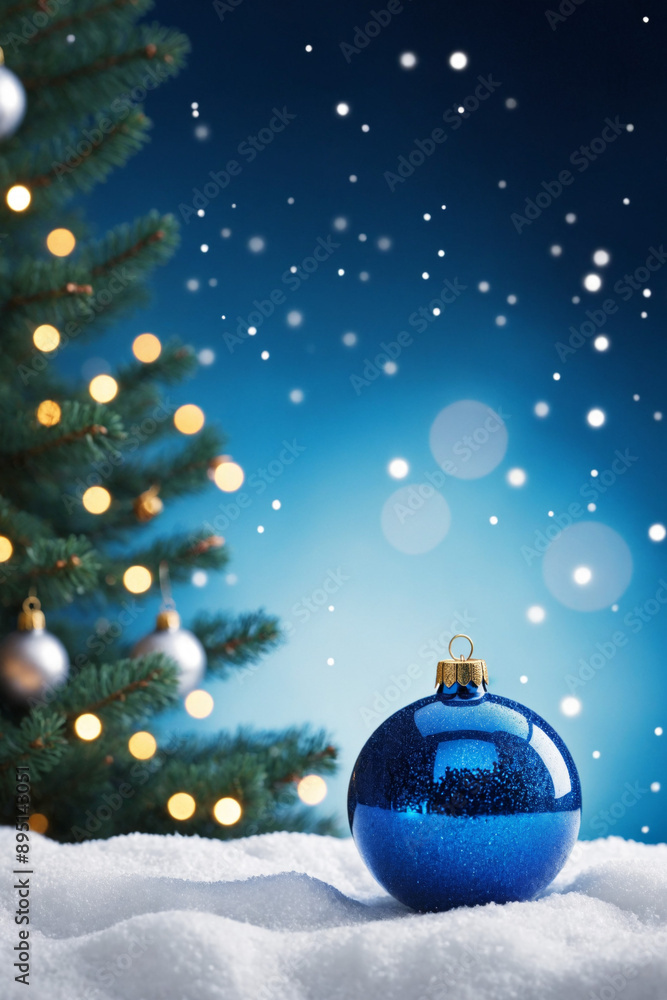 Blue Christmas ball decorated with shiny glitter . Snowy background with Christmas tree, snowflakes and Christmas lights. New Year's holiday concept for banner, card, invitation with copy space. Blue Christmas ball decorated with shiny glitter . Snowy background with Christmas tree, snowflakes and Christmas lights. New Year's holiday concept for banner, card, invitation with copy space.