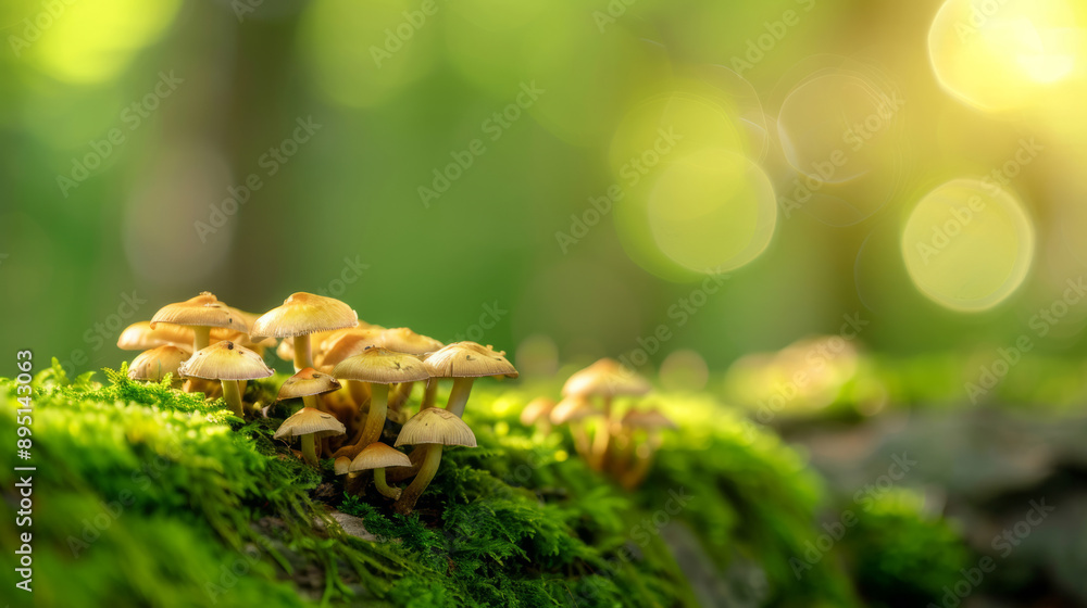 Wild mushrooms growing on a fallen log, moss-covered, soft sunlight, serene forest atmosphere Wild mushrooms growing on a fallen log, moss-covered, soft sunlight, serene forest atmosphere