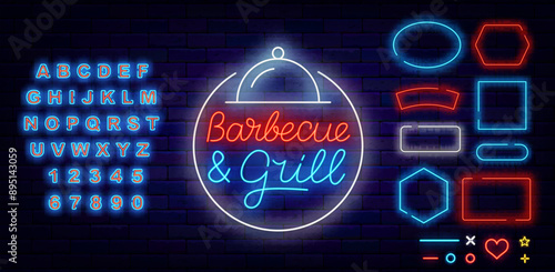 Barbecue and grill neon label. Party invitation. Glowing blue alphabet. Restaurant plate symbol. Vector illustration