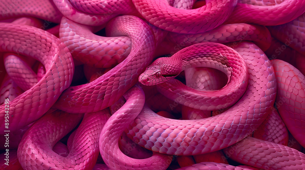 Fototapeta premium Vibrant Pink Snakes Coiled in a Mesmerizing Pattern, Close Up. Glossy Reptile Scales Texture, Poisonous Elegance, Captivating Beauty. Exotic Tropical Animal, Vivid Colours. Glamour, Fashion, Macro