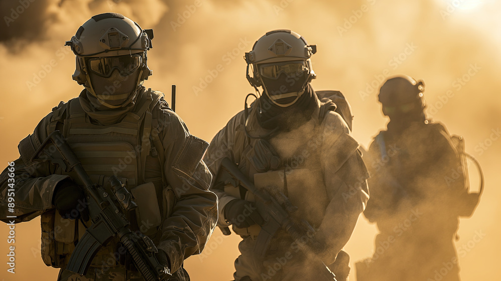Several modern soldiers fully equipped facing the camera in a dusty and smoggy environment Several modern soldiers fully equipped facing the camera in a dusty and smoggy environment