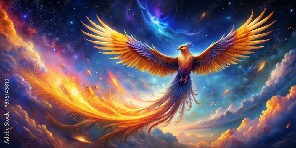 Phoenix Rising Through Cosmic Clouds, Digital Painting, Mythical Bird, Fire, Stars, Phoenix, Firebird Phoenix Rising Through Cosmic Clouds, Digital Painting, Mythical Bird, Fire, Stars, Phoenix, Firebird