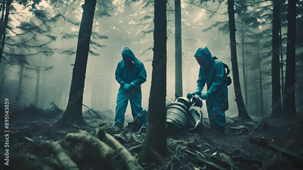 People in biohazard suits inspect the crash site People in biohazard suits inspect the crash site