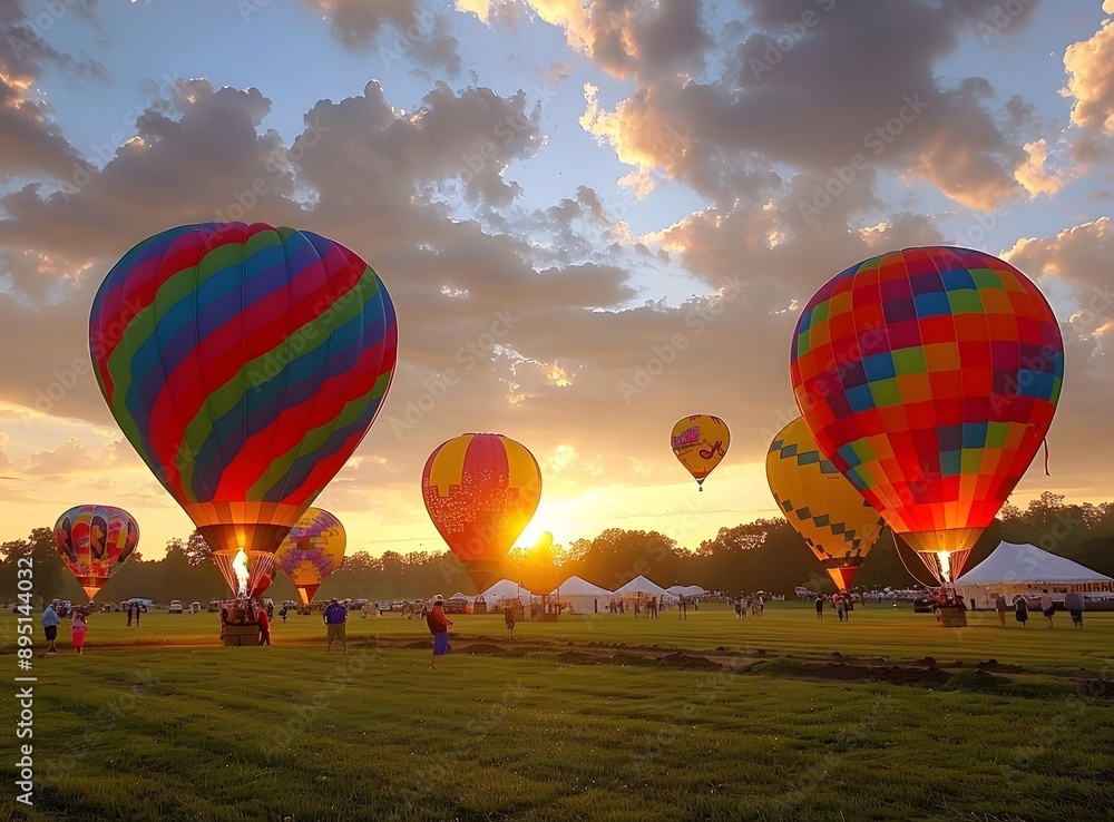 Fototapeta premium Hot Air Balloons at Sunset Over Field