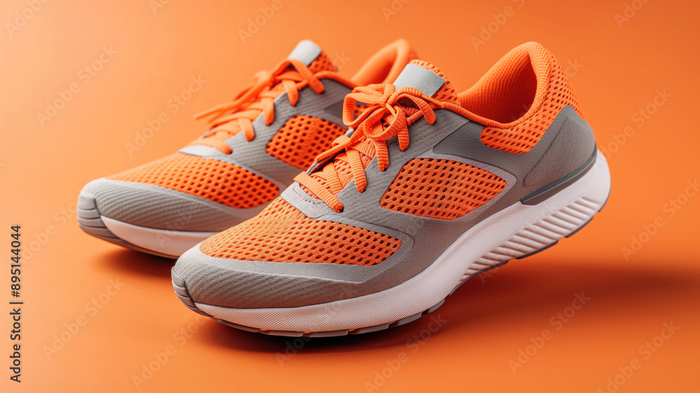 Stability and cushion running shoes. New unbranded running sneaker or trainer on orange background. Men's sport footwear. Pair of sport shoes. Stability and cushion running shoes. New unbranded running sneaker or trainer on orange background. Men's sport footwear. Pair of sport shoes.
