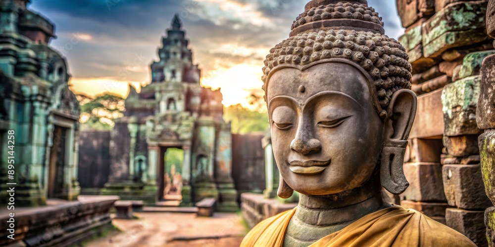 Serene Buddha Statue in Ancient Temple Ruins, Sunset Glow, Cambodia, Stone Carving, Religious Symbolism, Asia, Spirituality Serene Buddha Statue in Ancient Temple Ruins, Sunset Glow, Cambodia, Stone Carving, Religious Symbolism, Asia, Spirituality