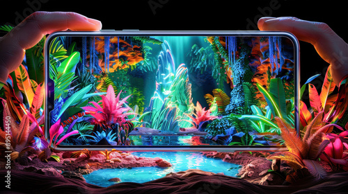 Hands holding a smartphone displaying a vibrant, colorful fantasy rainforest scene with glowing plants and a waterfall, blending nature and technology. photo