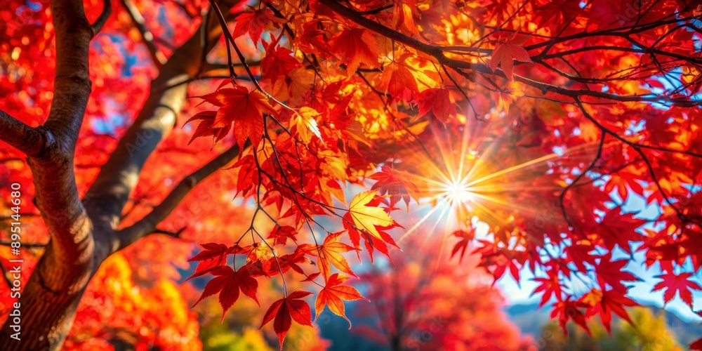 Sunlit Autumn Leaves, Low Angle, Vibrant Colors, Sunburst, Autumn, Fall, Nature Sunlit Autumn Leaves, Low Angle, Vibrant Colors, Sunburst, Autumn, Fall, Nature