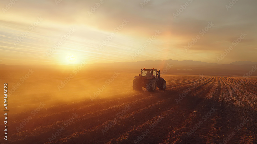 Tractor drives across large field making special beds for sowing seeds into purified soil. Agricultural vehicle works at sunset in countryside. Generative AI Tractor drives across large field making special beds for sowing seeds into purified soil. Agricultural vehicle works at sunset in countryside. Generative AI