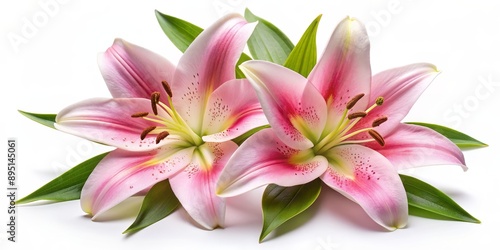 Two Delicate Pink Lilies with Green Leaves, Isolated on White, Flower, Lily, Blossom, Floral