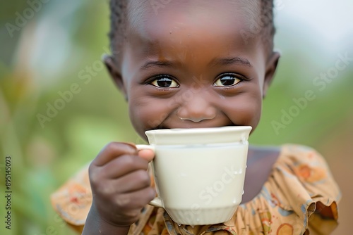 Close-up of a joyful child in Africa drinking water from a mug, highlighting the issue of drought and lack of water photo