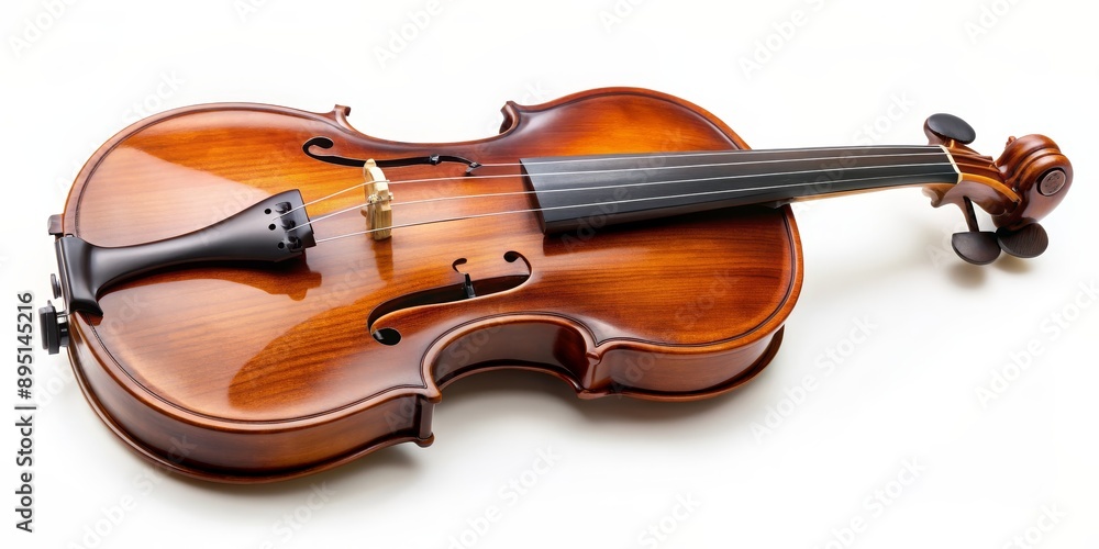 Fototapeta premium Violin Perspective Top Down, Wooden Violin with Polished Finish and Strings, Isolated on White Background, Music, Instrument, Classic, Orchestra