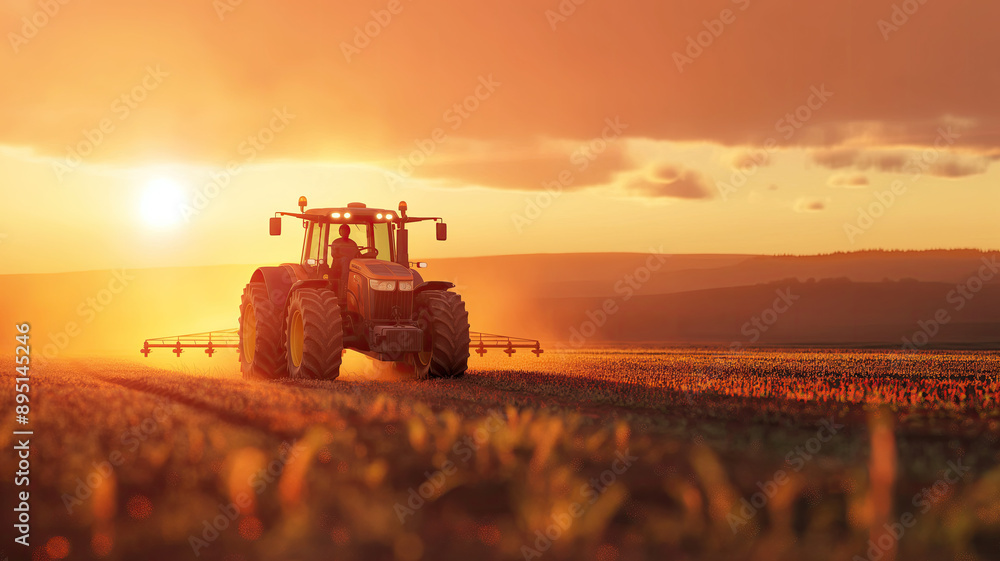 Tractor drives across large field making special beds for sowing seeds into purified soil. Agricultural vehicle works at sunset in countryside. Generative AI Tractor drives across large field making special beds for sowing seeds into purified soil. Agricultural vehicle works at sunset in countryside. Generative AI