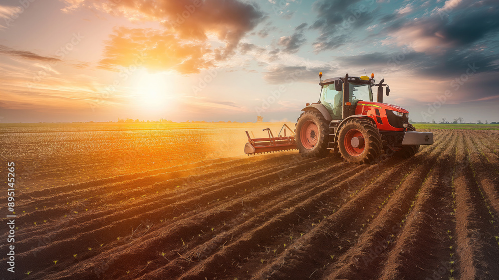 Tractor drives across large field making special beds for sowing seeds into purified soil. Agricultural vehicle works at sunset in countryside. Generative AI Tractor drives across large field making special beds for sowing seeds into purified soil. Agricultural vehicle works at sunset in countryside. Generative AI