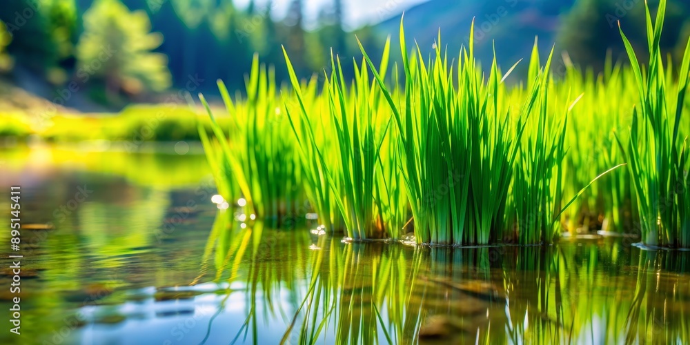 Obraz premium Water Reflection of Lush Green Grass, nature , reflection , photography , green