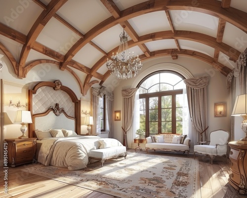 Exquisite master bedroom in a luxury home, with vaulted ceilings, wooden beams, a beautiful chandelier,  © ILOVEART