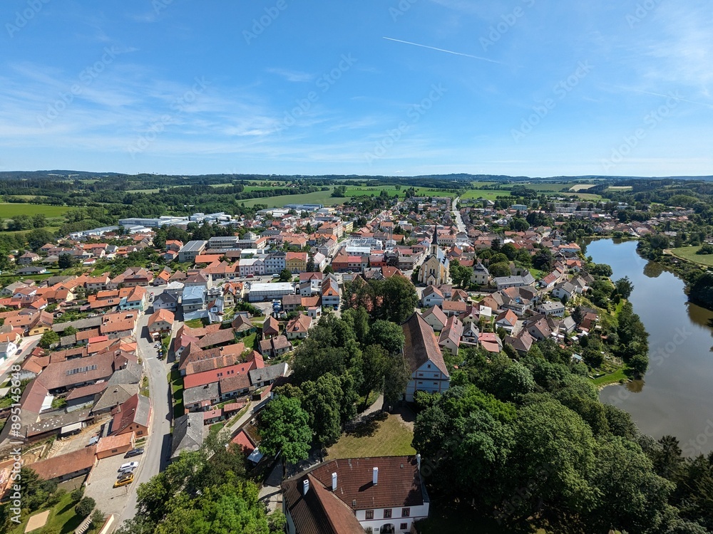 Fototapeta premium Zirovnice castle and Ziorvnice town aerial panorama landscape view,Vysocina region,Bohemia,Czech republic,Europe