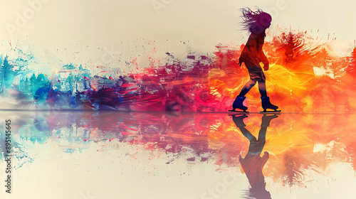 Silhouette of a young woman gracefully ice skating with a vibrant and colorful artistic brushstroke background, creating a sense of motion and energy