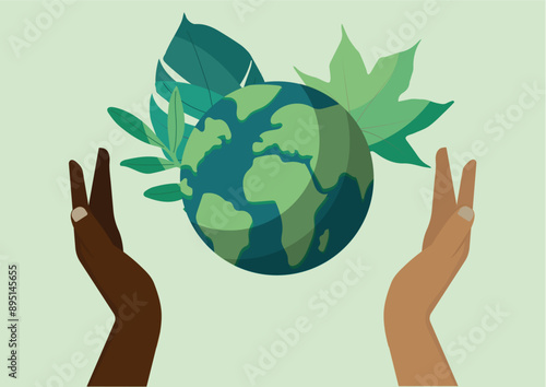  Two diverse hands gently hold the Earth. Symbolizing unity and environmental care. Unity, Diversity, Global Cooperation Concept