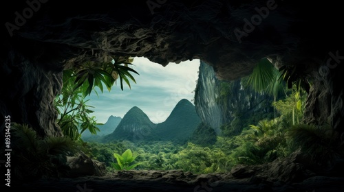 Fototapeta Naklejka Na Ścianę i Meble -  Panoramic view of the tropical jungle from the cave